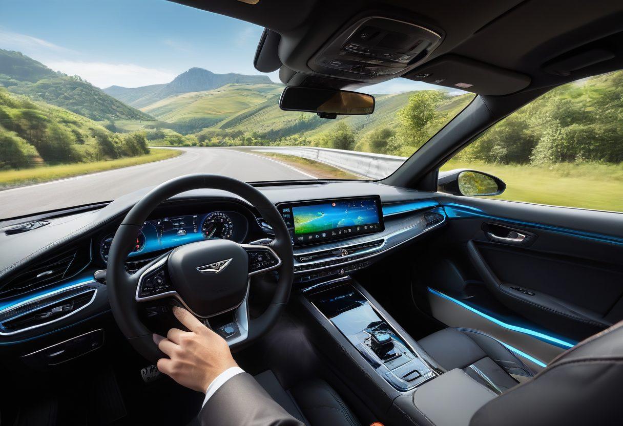 A confident driver behind the wheel of a sleek, modern car, surrounded by traffic signs that symbolize safety ratings and auto sales. Include an open road ahead, with vibrant green landscapes and a bright blue sky to evoke freedom and confidence. Illustrate a dashboard displaying impressive digital safety ratings. super-realistic. vibrant colors. dynamic perspective.