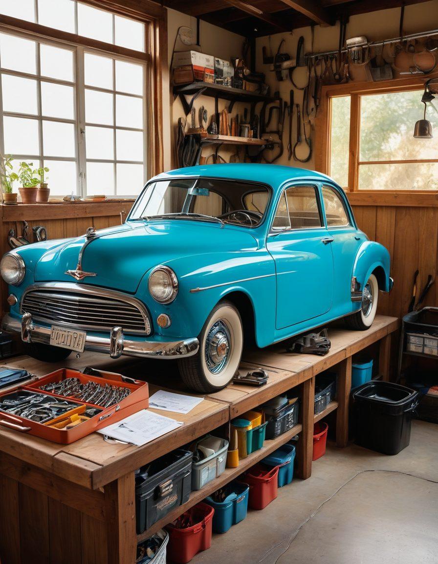 An inviting garage scene showcasing a well-maintained car surrounded by various car maintenance tools and finance documents. Include a chart on the wall indicating rising investment returns through smart maintenance practices. Soft natural light illuminates the space, creating a warm ambiance. Illustrate a checklist on a clipboard emphasizing key strategies. vibrant colors. realistic. 